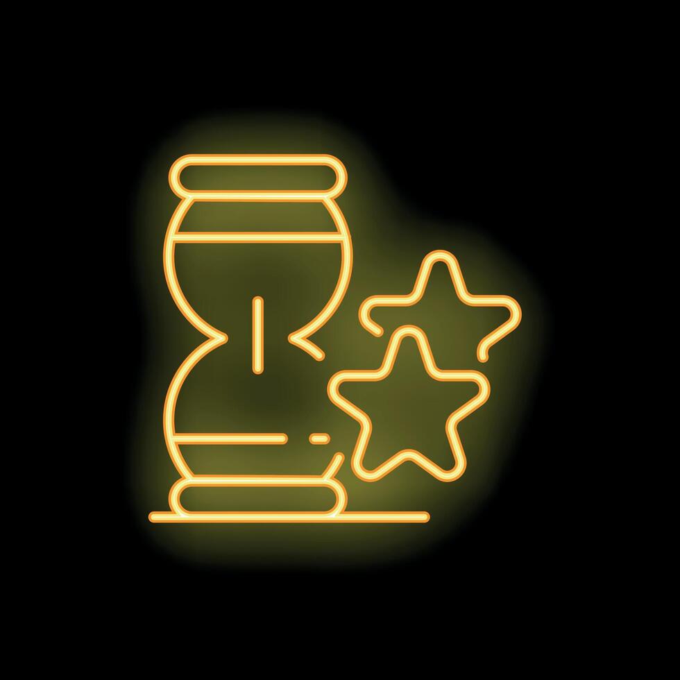 Neon icon of hourglass with falling sand and stars showing concept of time management vector