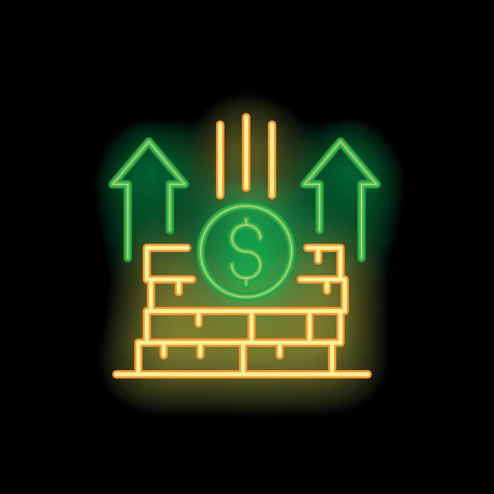 Neon sign depicting increasing dollar coin value over brick wall vector