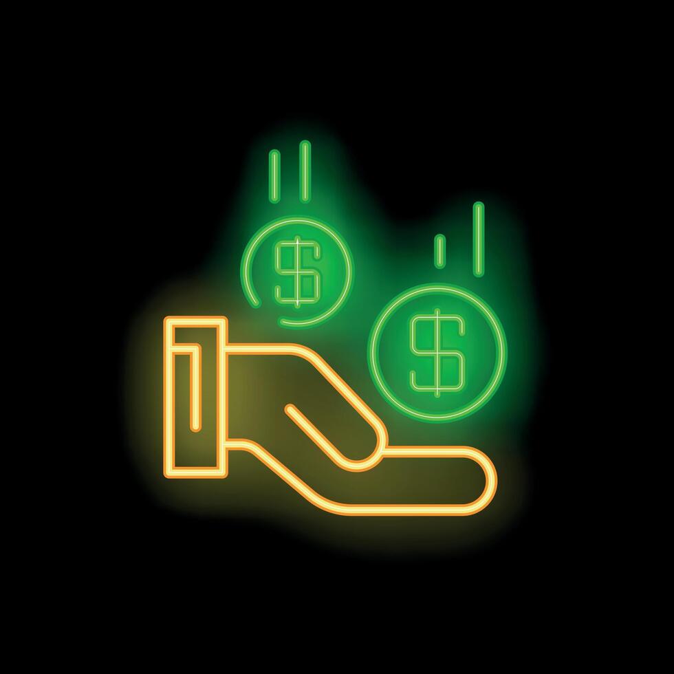 Neon sign of hand receiving money falling from above vector