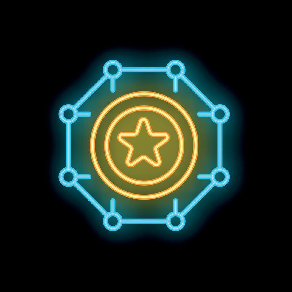 Neon icon of a star inside a circle connected with lines representing a network vector