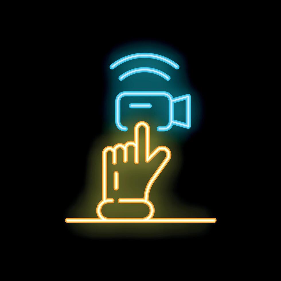 Hand touching camera button neon sign on black background vector