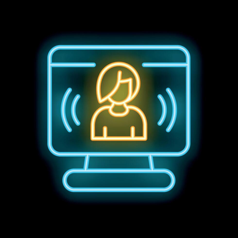 Neon icon of woman speaking or singing on computer screen vector