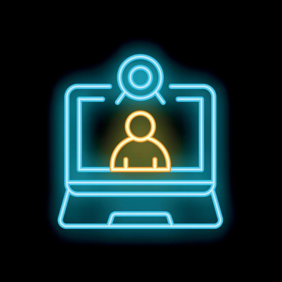 Neon icon of businessman attending conference on laptop vector
