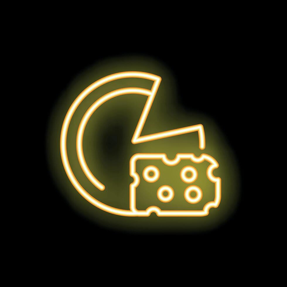 Yellow neon sign of a piece of cheese on black background vector