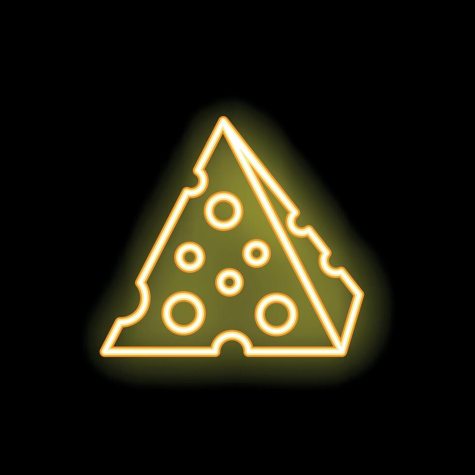 Bright yellow neon sign showing a slice of cheese on black background vector