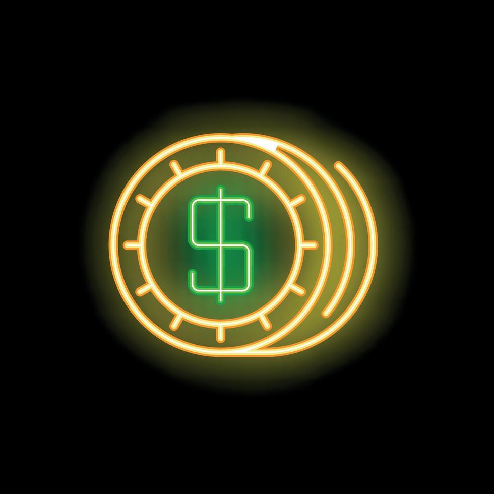 Neon sign representing stack of coins with dollar sign for casino or business related designs vector