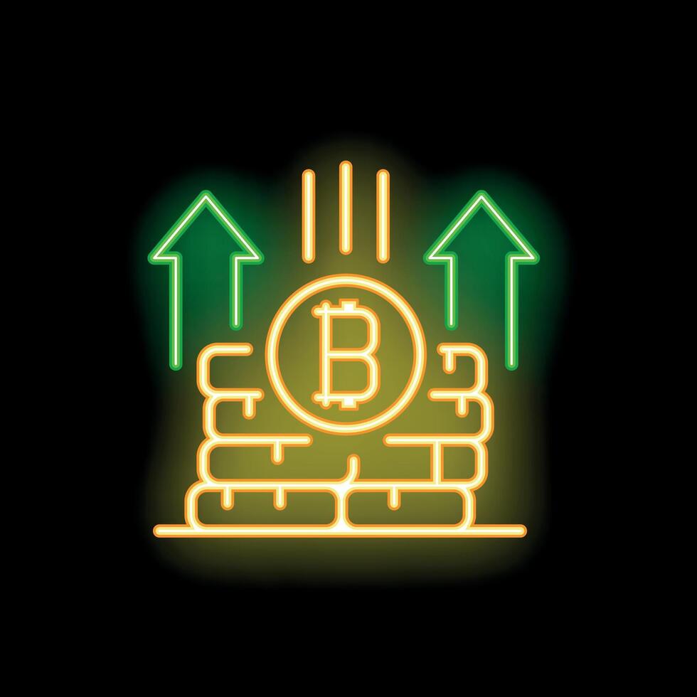 Bitcoin cryptocurrency value increasing neon sign icon vector