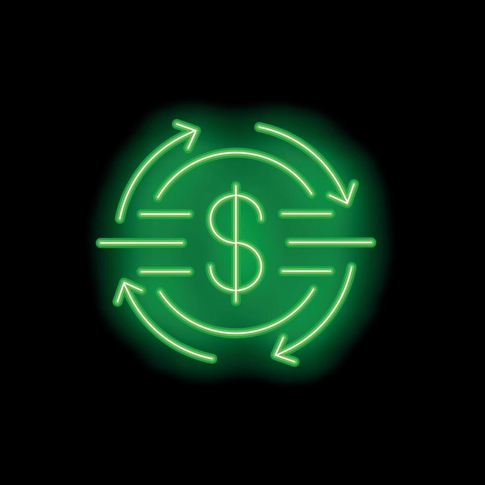 Neon green money currency sign rotating with arrows on black background signifying cashflow vector
