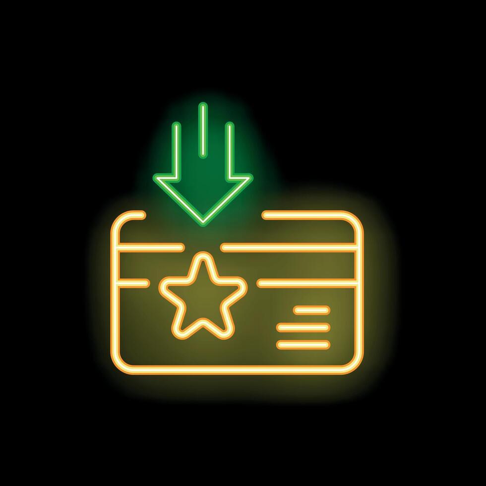 Neon green arrow pointing down at neon yellow loyalty card on black background vector