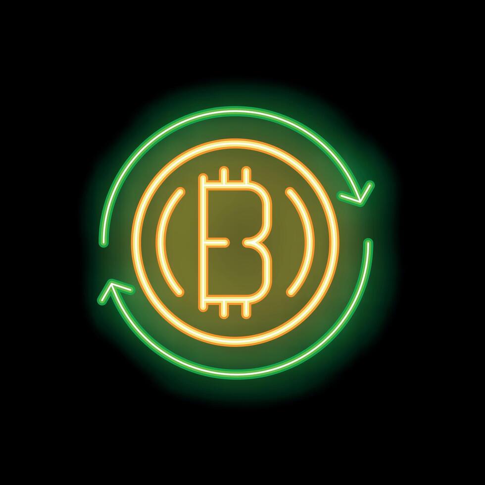 Neon green bitcoin cryptocurrency rotating sign on black background vector
