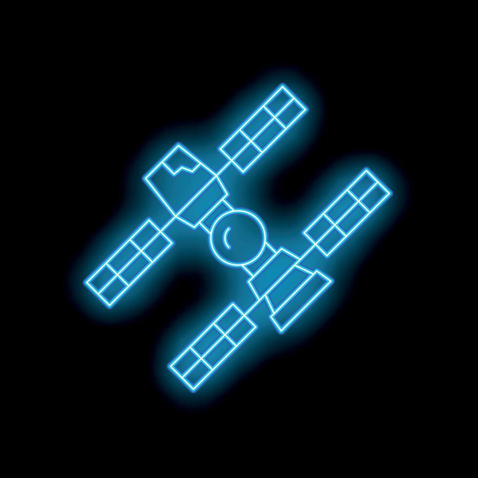 Neon blue space station orbiting earth icon vector