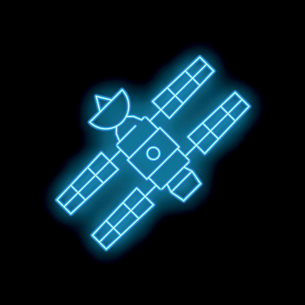 Neon blue space station orbiting earth on black background vector