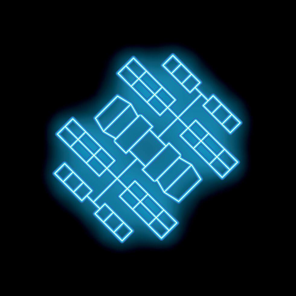 Blue neon space station icon communicating with earth on black background vector