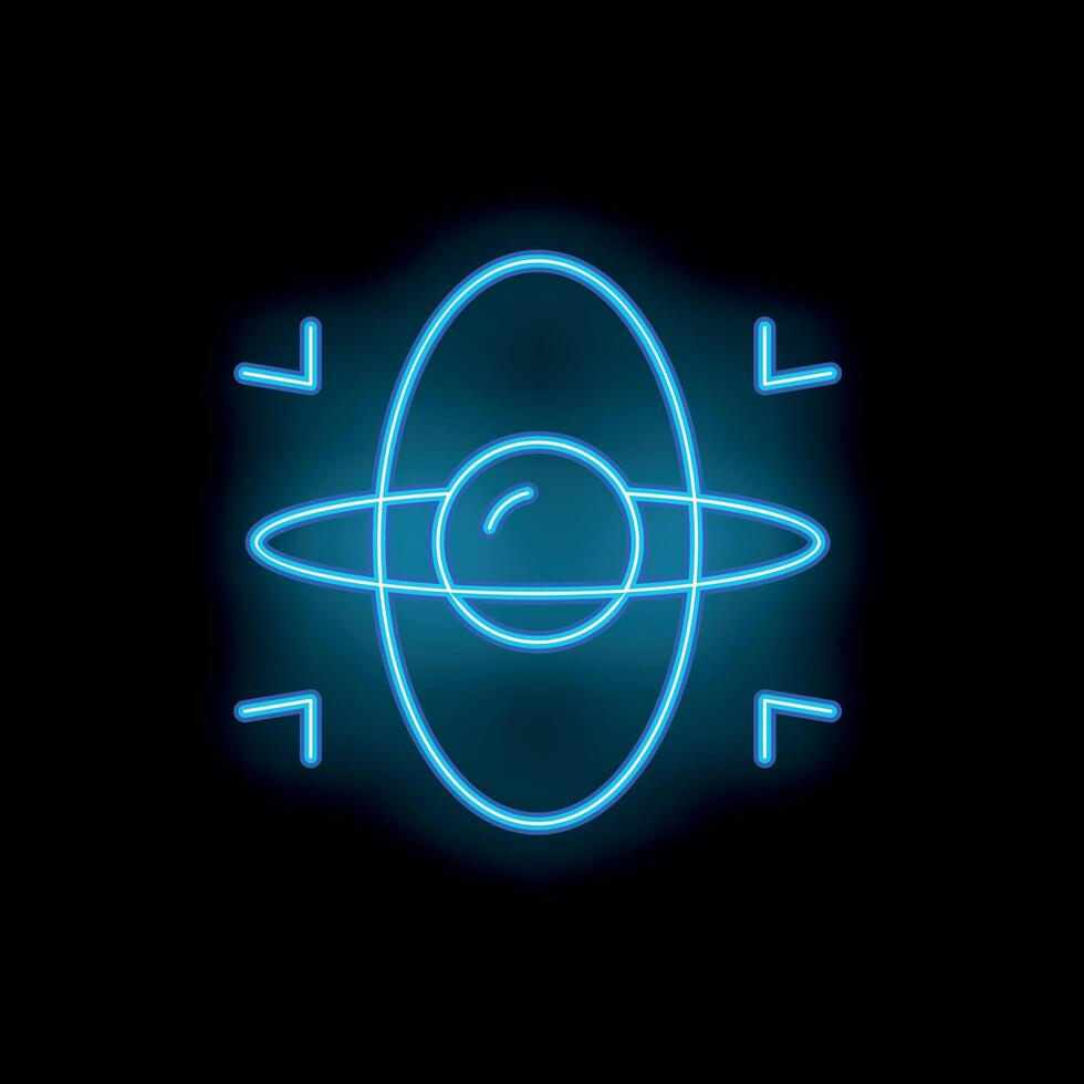Neon blue atom model orbiting on black background vector
