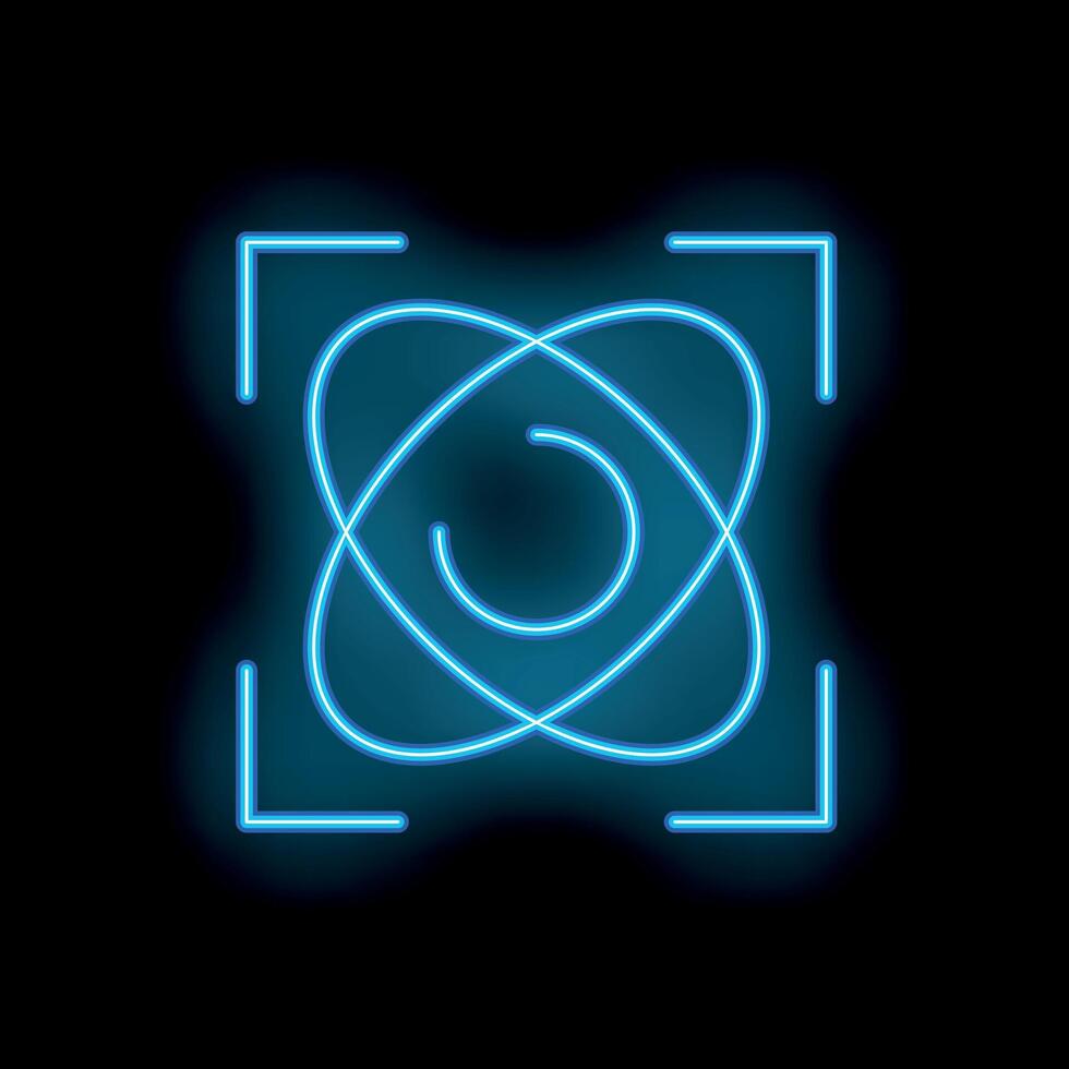 Neon atom symbol glowing in focus frame on dark background vector