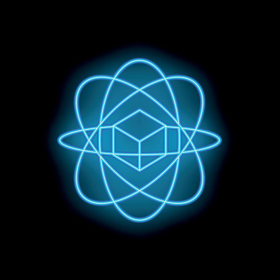 Neon cube rotating around its axis on black background vector