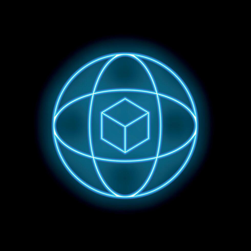 Neon blue sphere encapsulating cube symbolising global logistics network vector