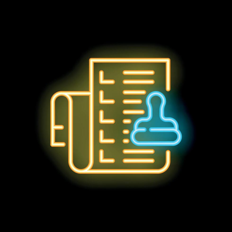 Neon icon of stamp approving document for agreement or contract vector