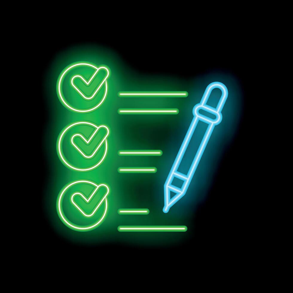 Neon green checklist with check marks being filled out by blue pen on black background vector