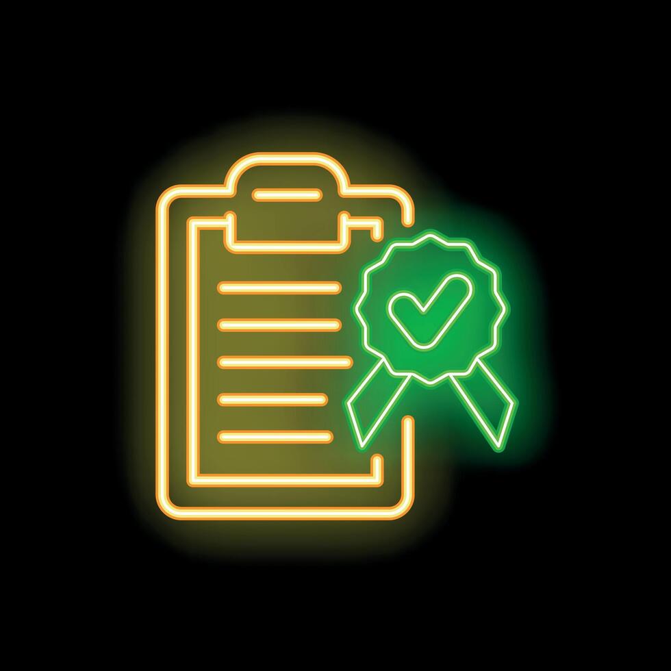 Neon green approved certificate with check mark on clipboard icon on black background vector