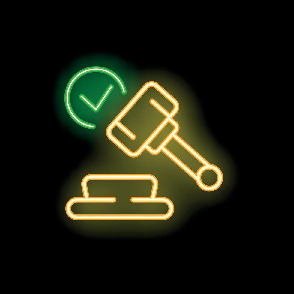 Neon icon of judge gavel hitting sound block with green check mark vector