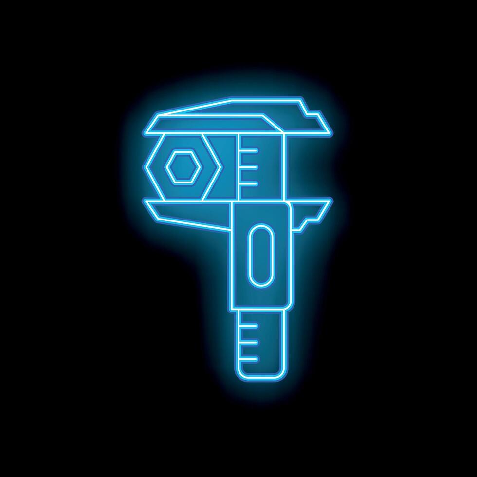 Neon blue caliper measuring a hex nut on black background vector