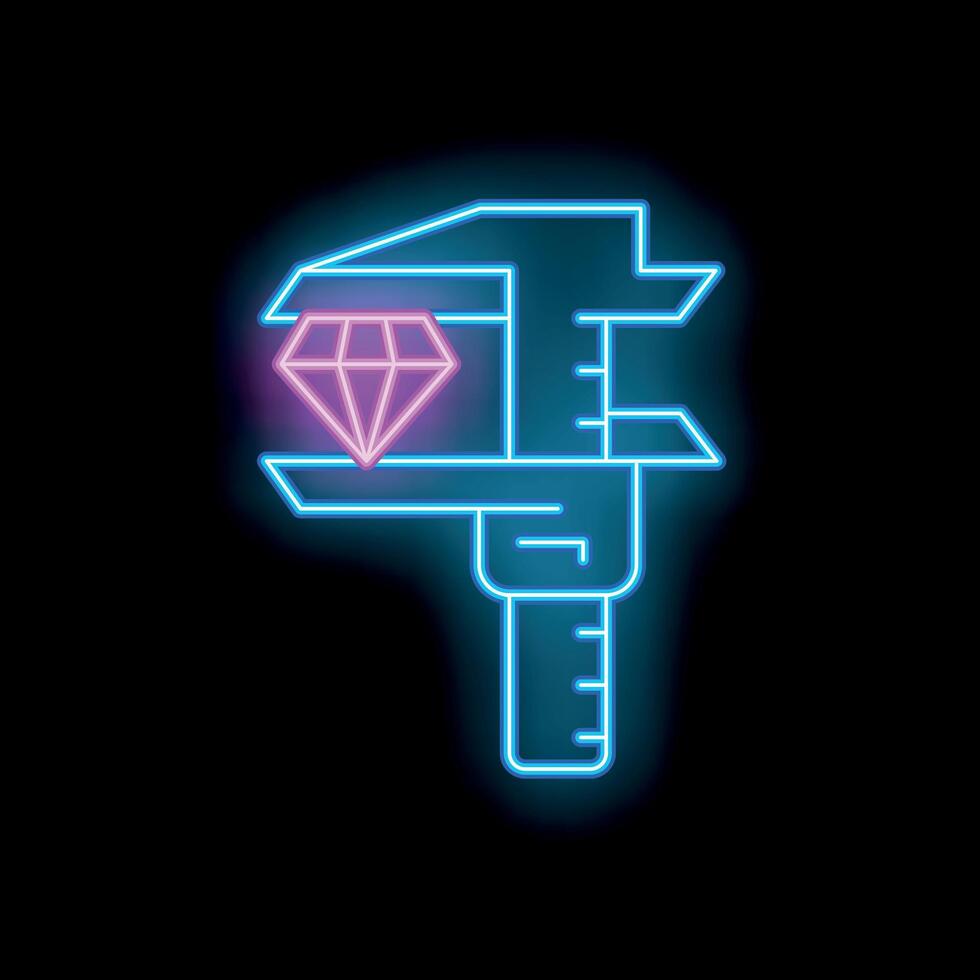 Neon caliper measuring a diamond icon on black background vector