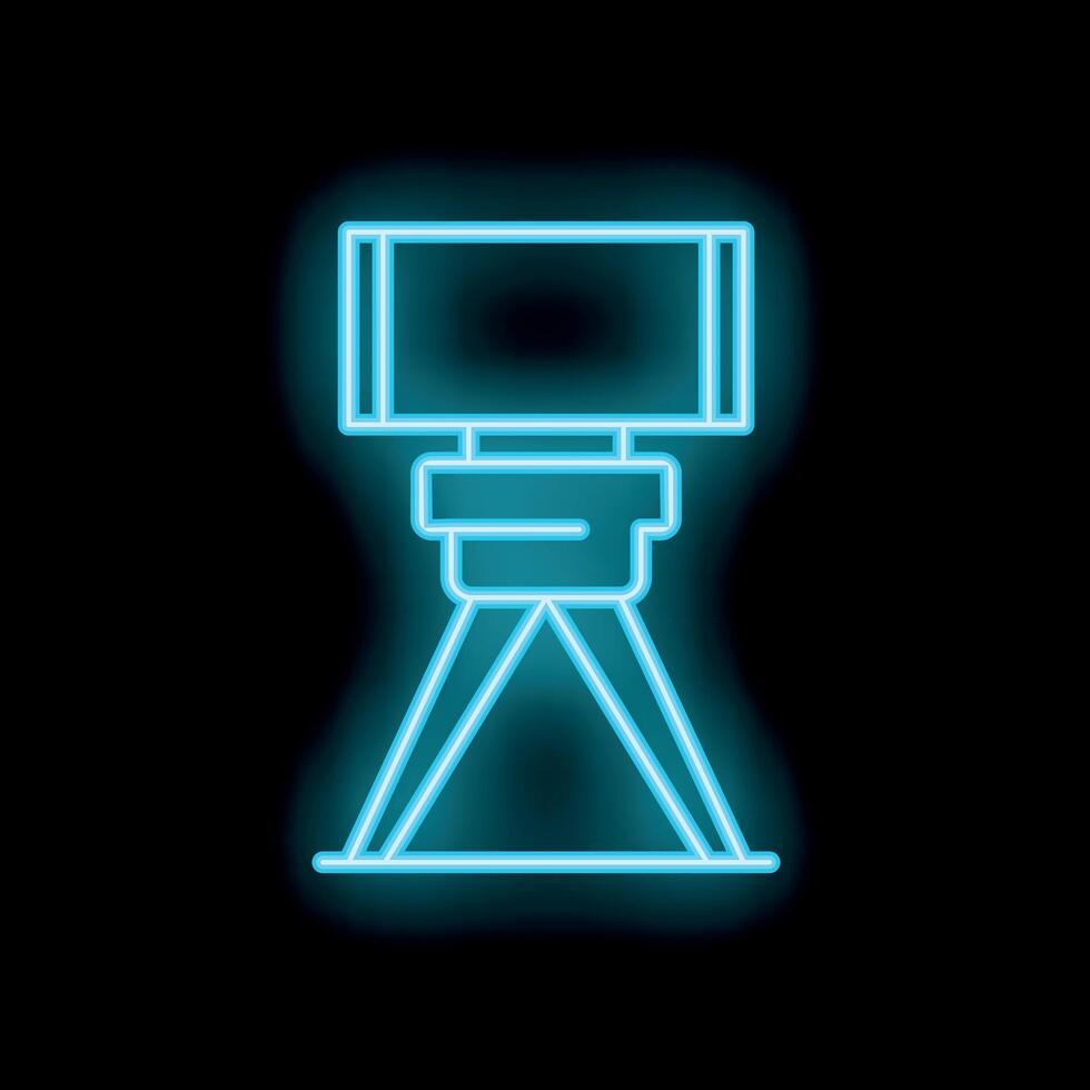 Blue neon icon of a surveillance camera on tripod on black background vector