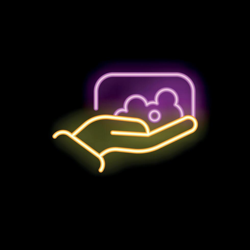 Neon sign illustrating a hand holding a soap bar with foam vector