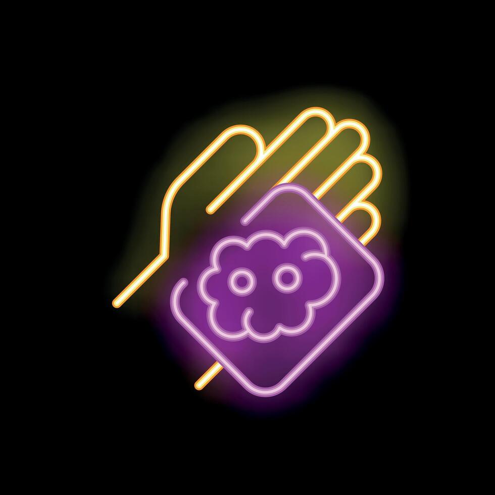 Neon hands holding brain icon glowing on dark background vector