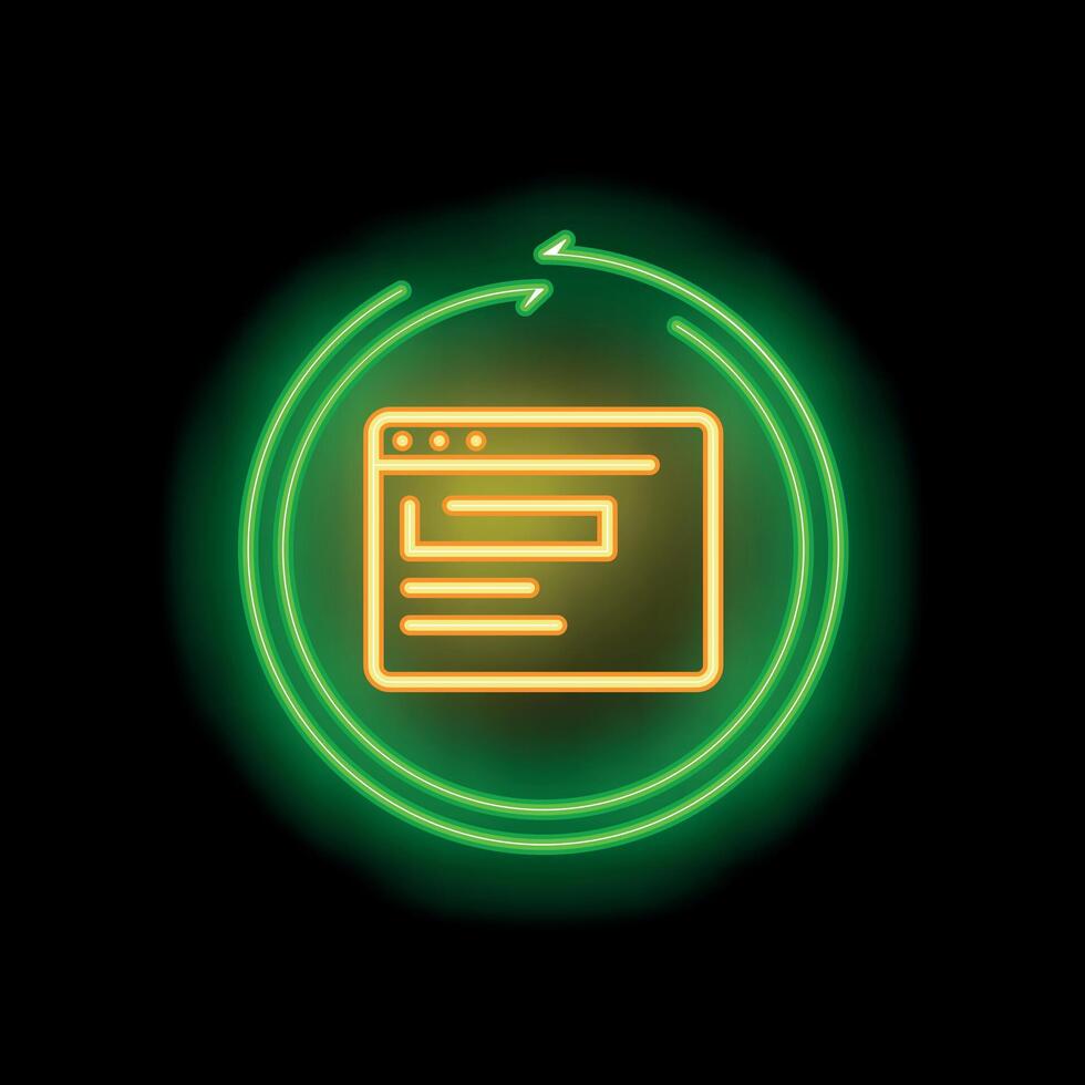 Neon sign representing website update with circular arrows on black background vector