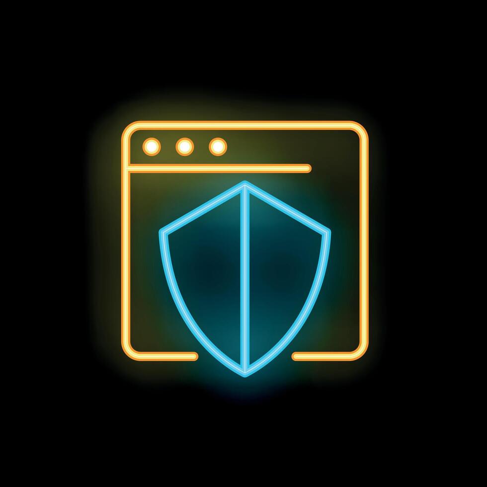 Neon shield protecting webpage on black background vector