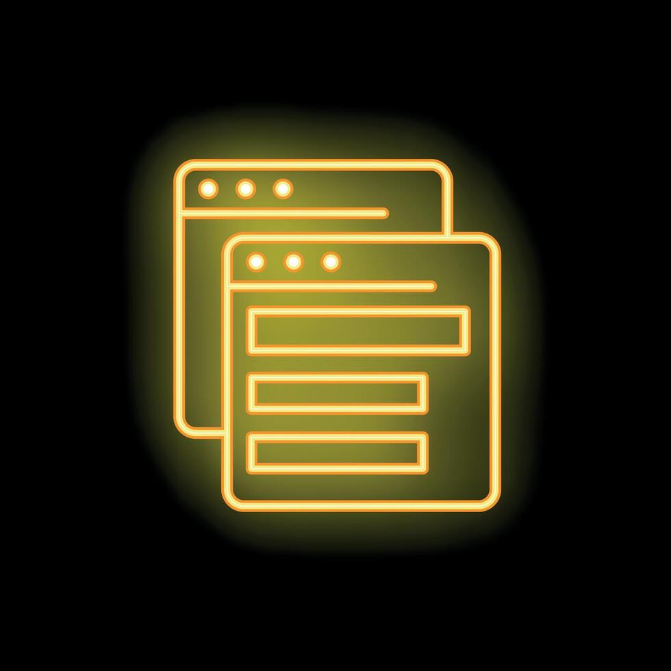 Neon icon of two browser windows displaying online forms for user input vector