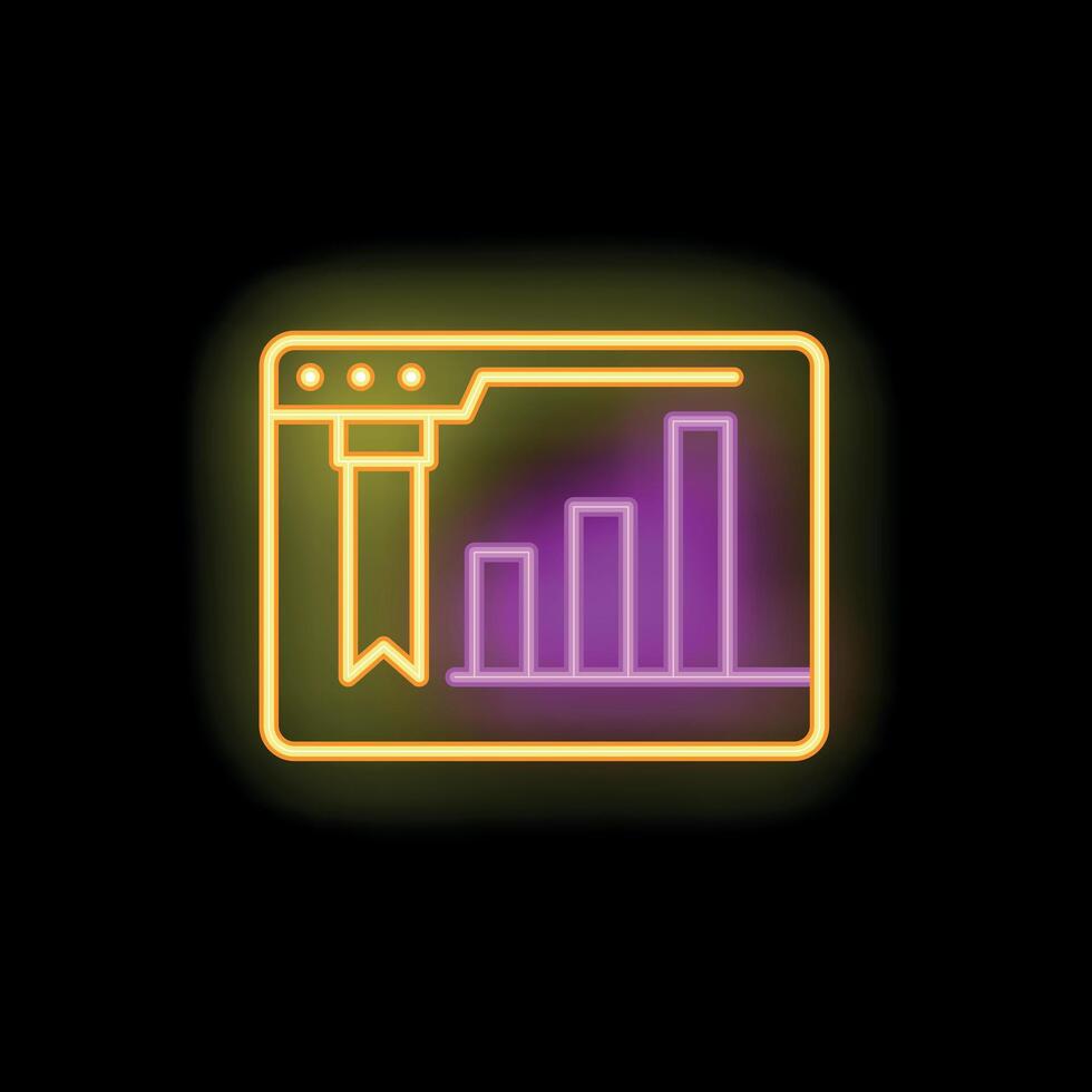 Neon icon of browser window showing growing bar chart and bookmark ribbon vector