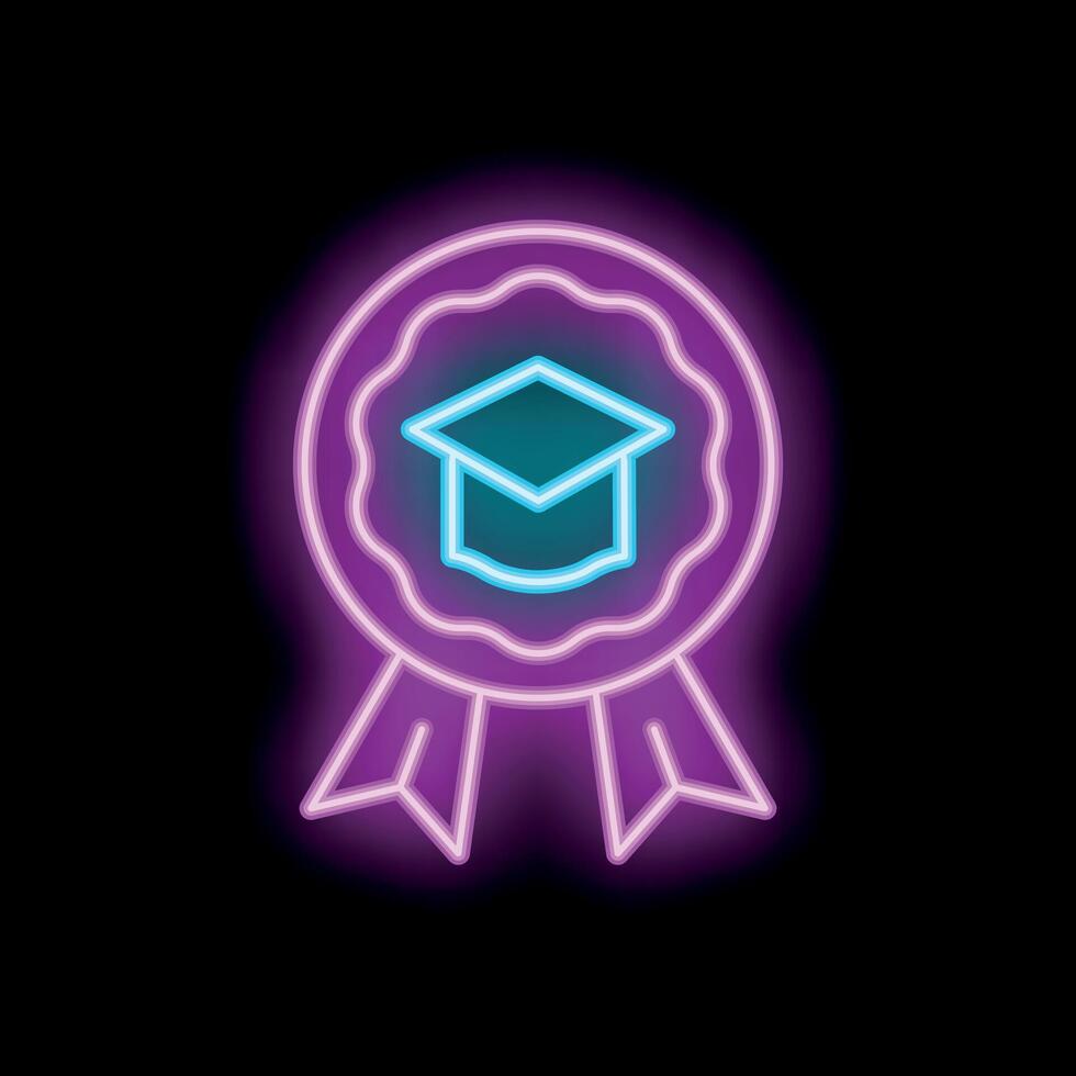 Neon sign representing graduation award with graduation hat icon in circle frame and ribbon vector