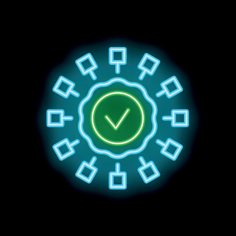 Neon green approved quality check mark sign surrounded by data blocks on black background vector