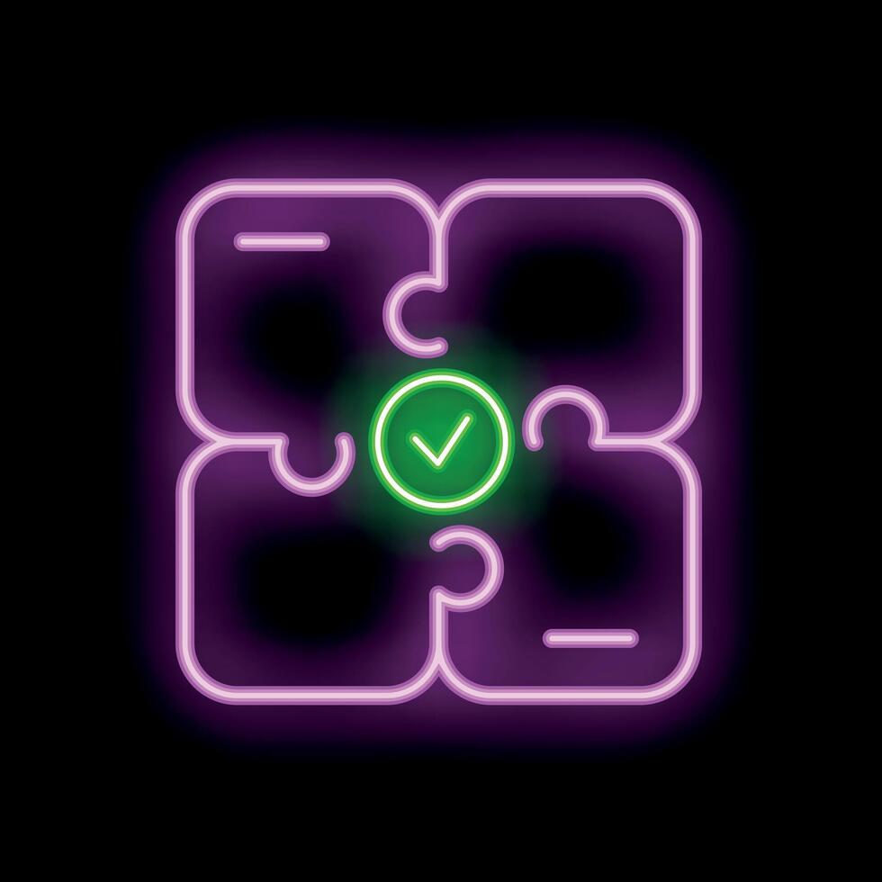 Neon puzzle pieces forming square with check mark symbol vector