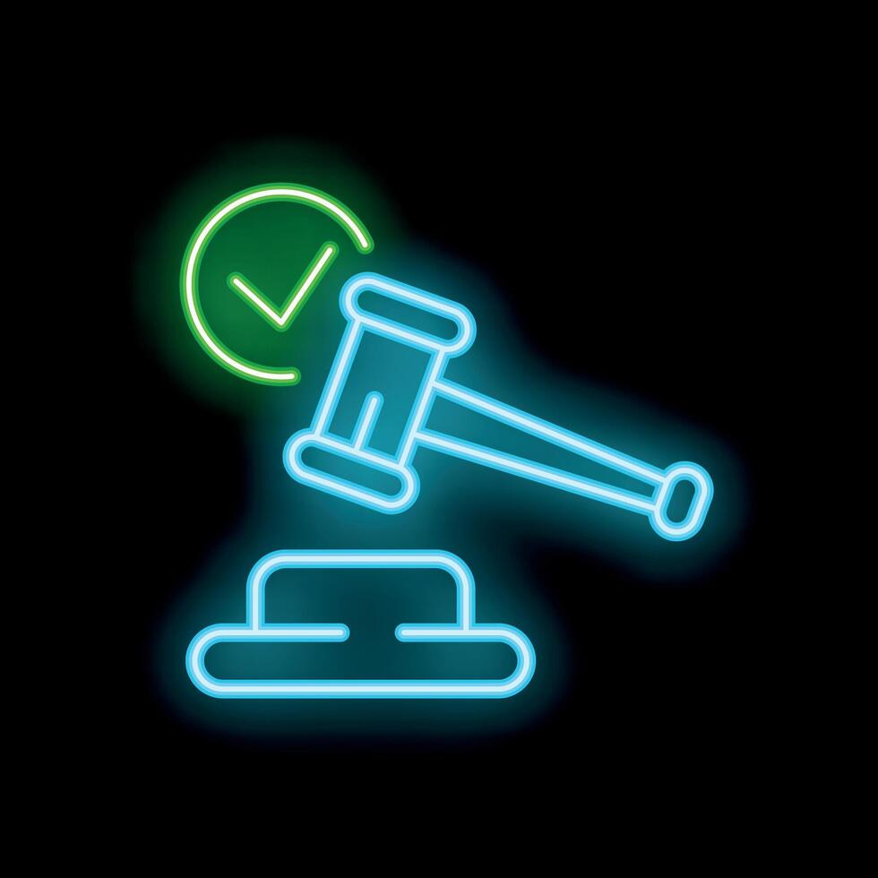 Neon icon of judge gavel hitting sound block with green check mark vector