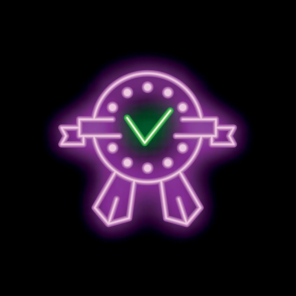 Neon sign showing a round approved quality check mark badge with ribbon and banner vector