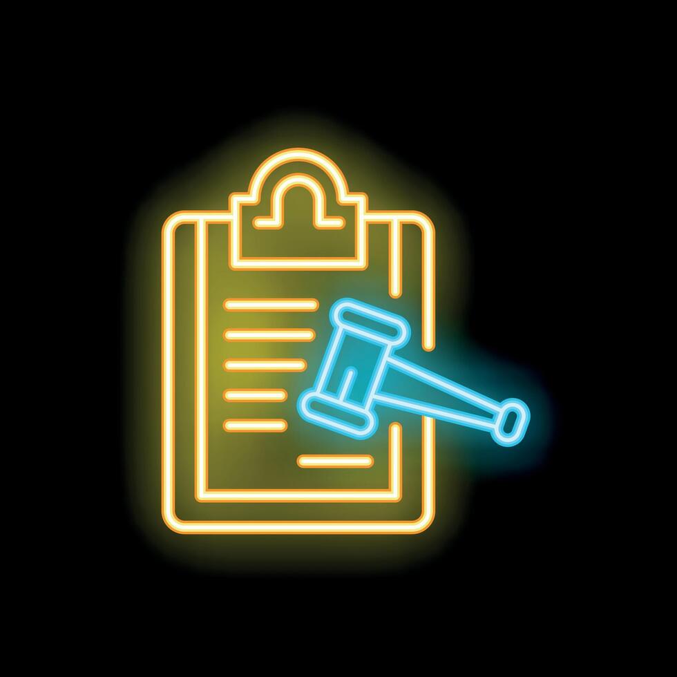 Neon gavel striking clipboard representing legal decisions and justice vector
