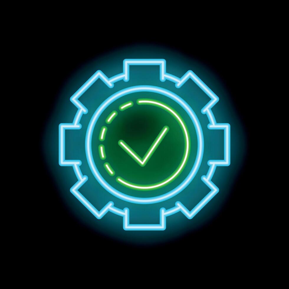 Neon green check mark inside blue gear on black background vector