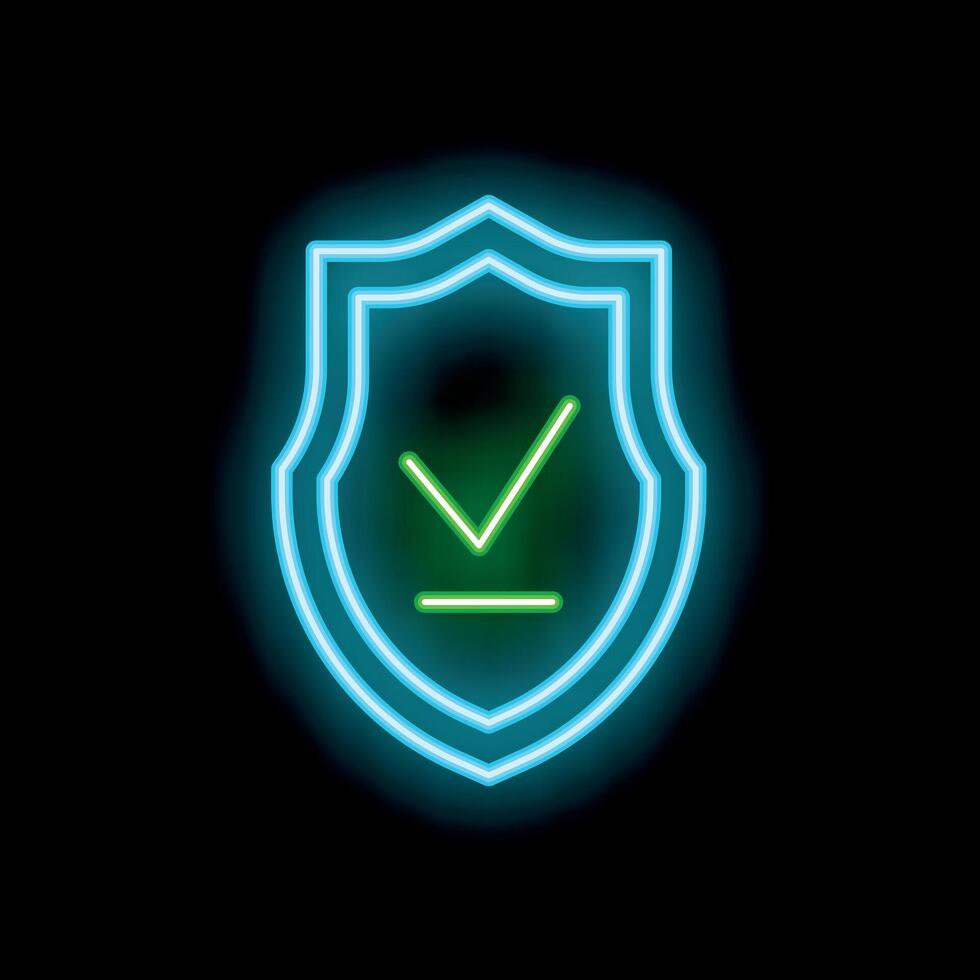 Neon shield with check mark symbolizing security and protection vector