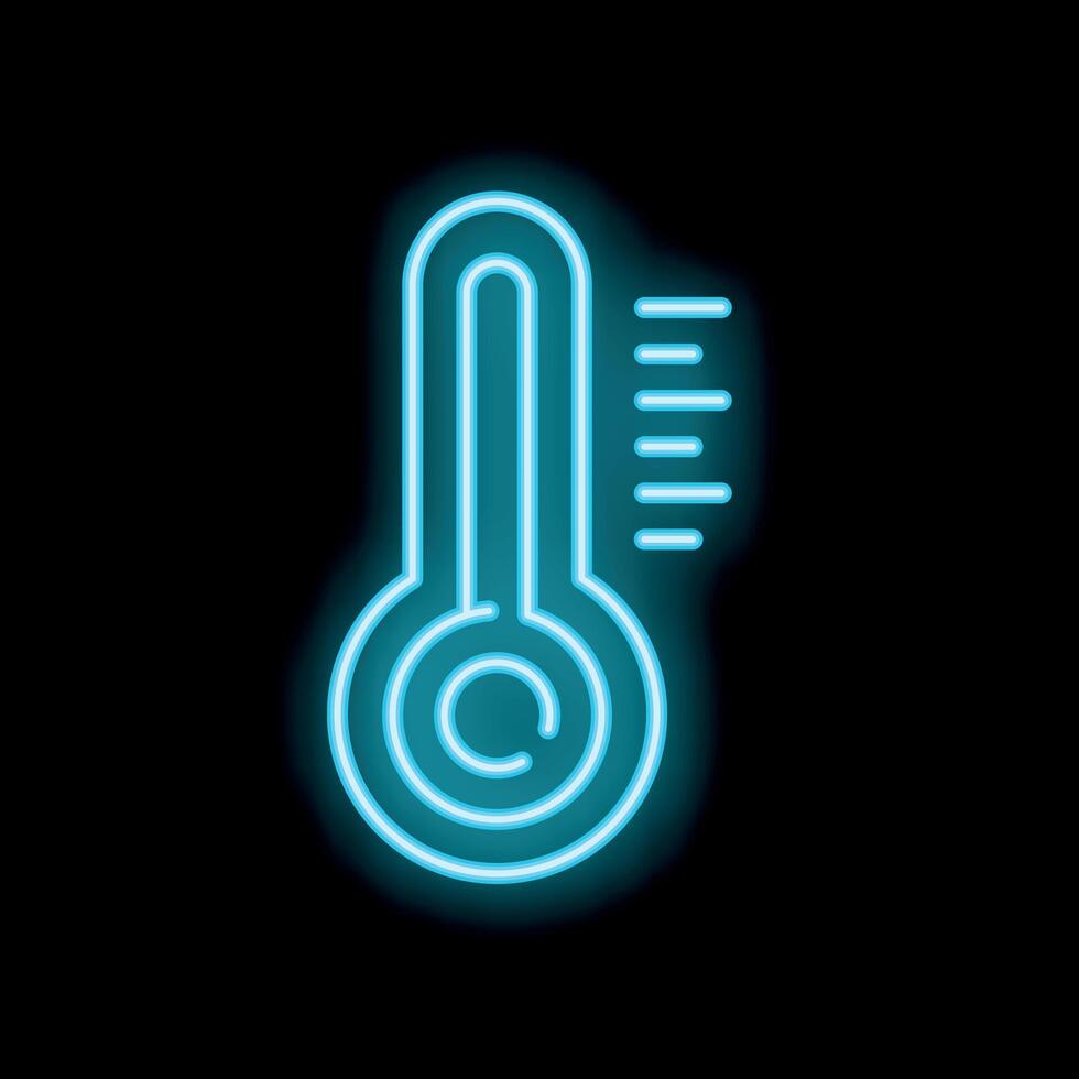 Blue neon thermometer icon glowing on dark background vector
