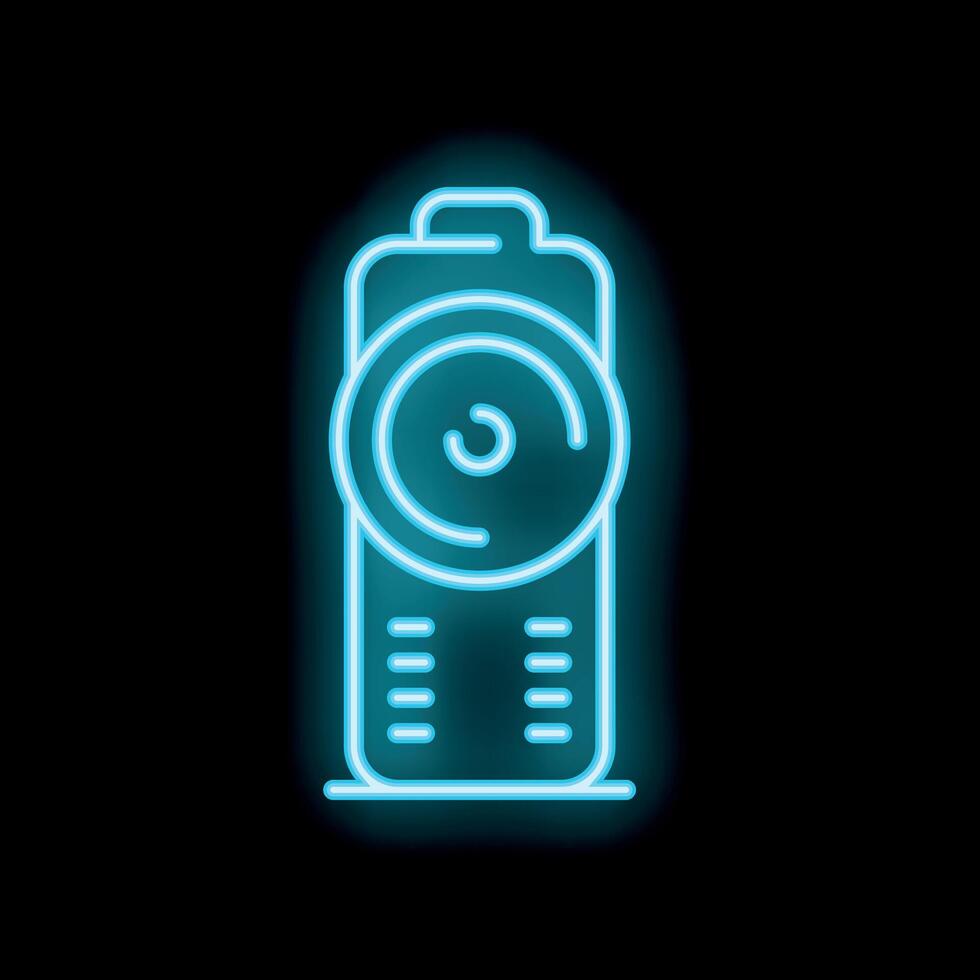 Blue neon sign of a full battery icon on a black background vector