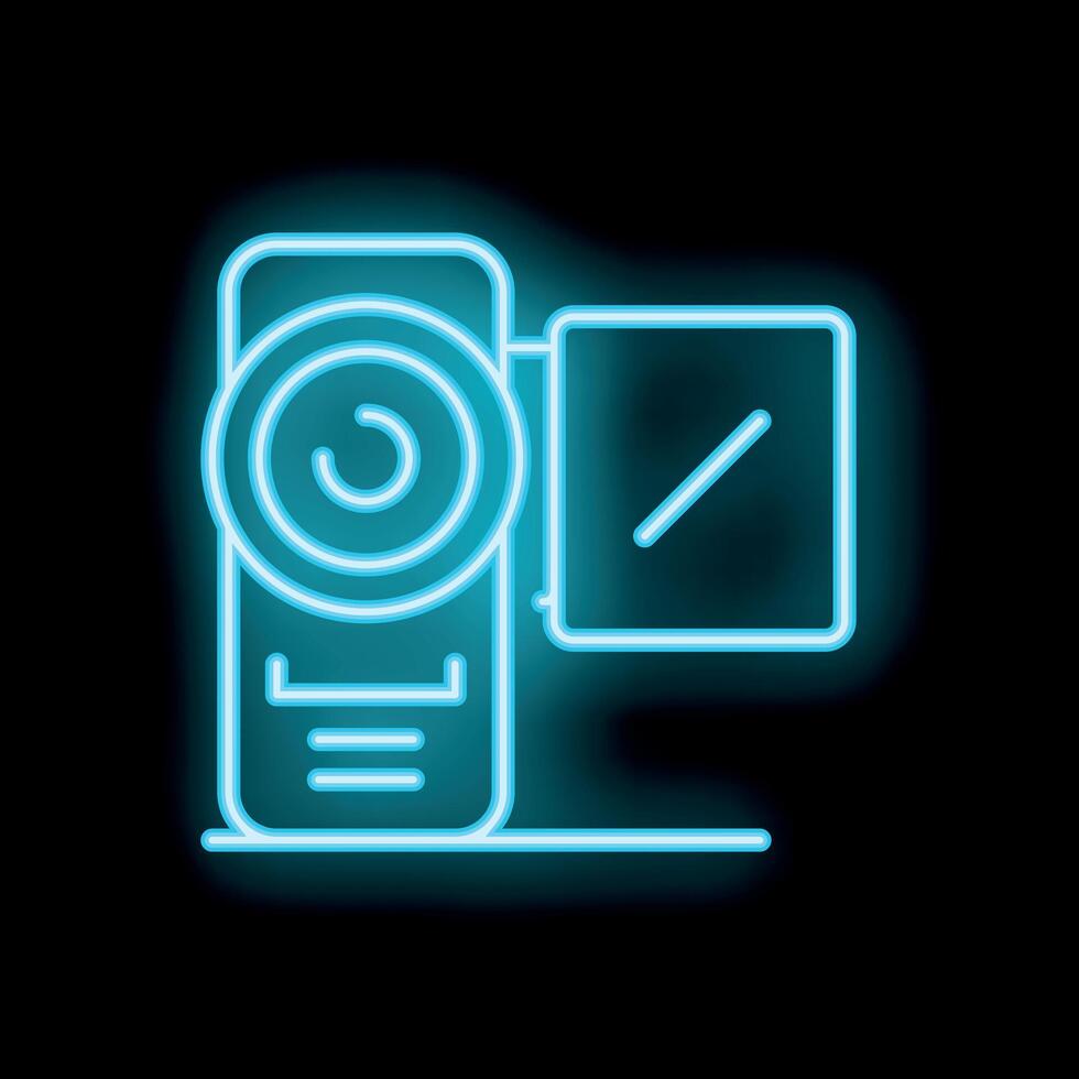 Blue neon sign of a camera recording on black background vector