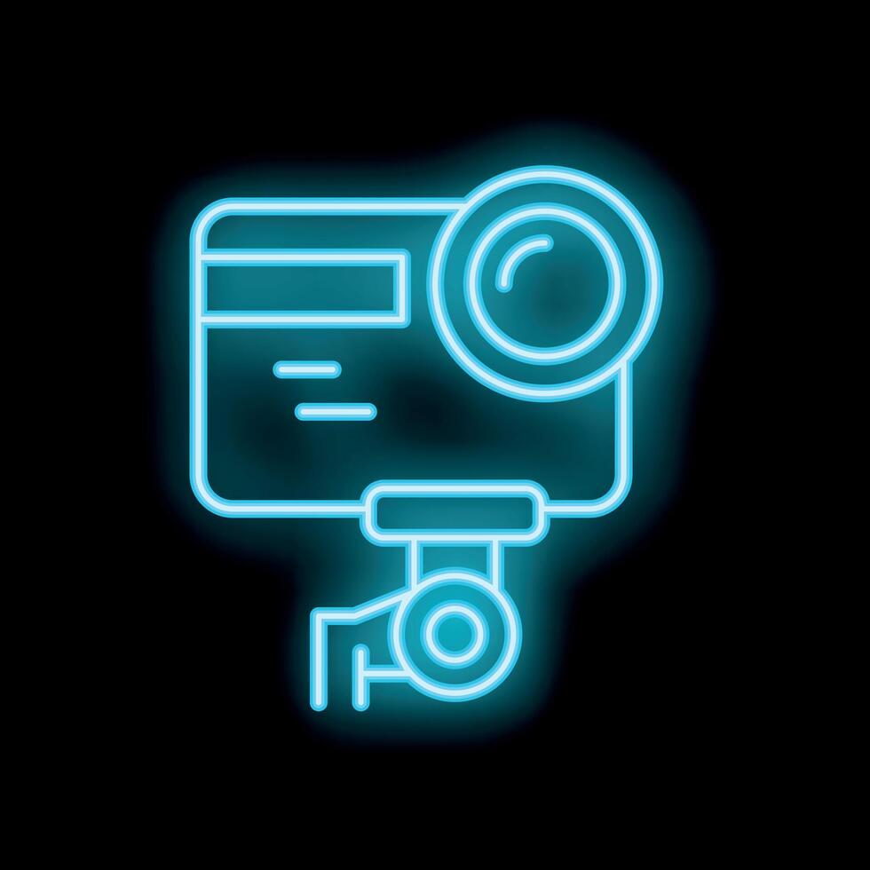 Blue neon action camera glowing on black background vector