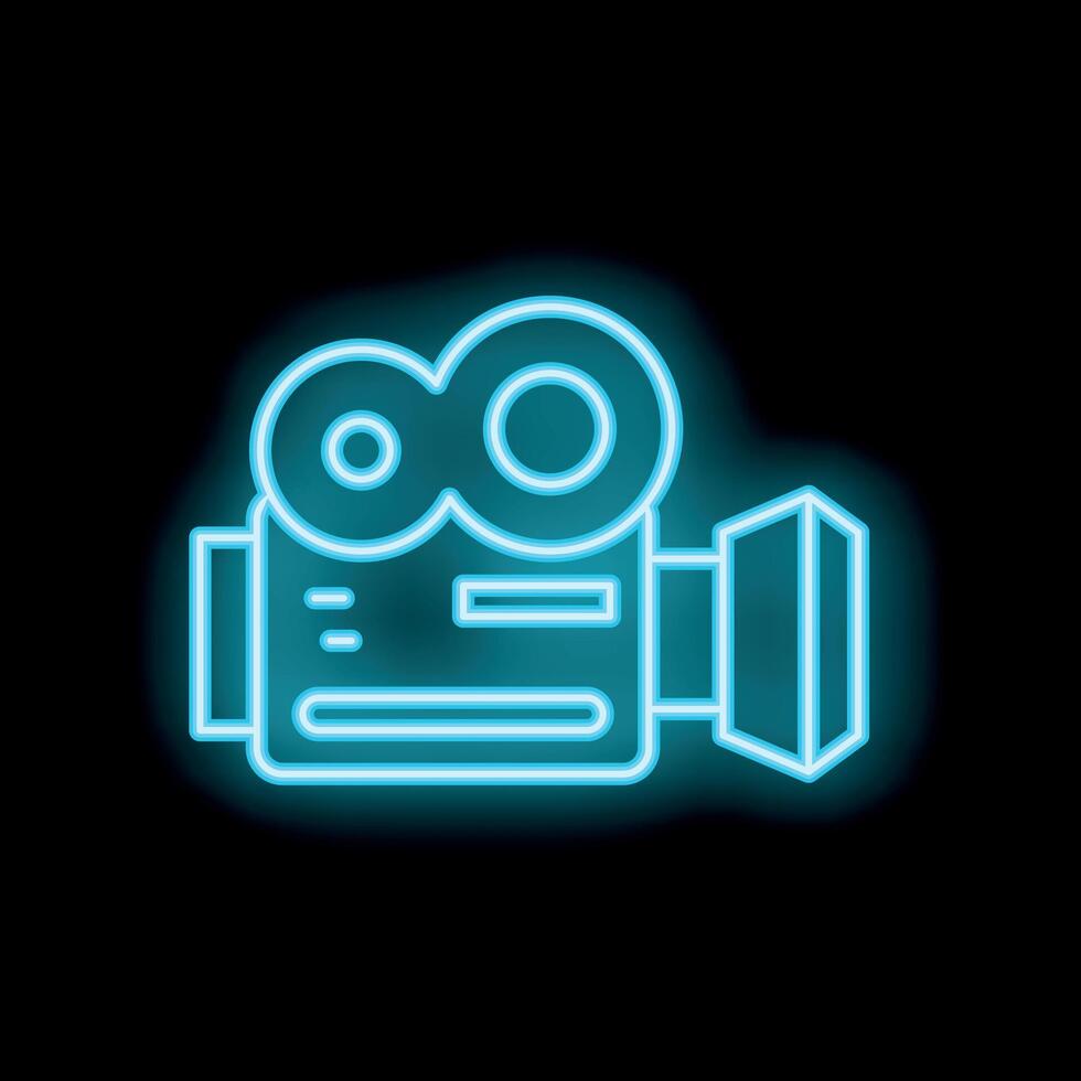 Neon camera shining in blue light on black background vector