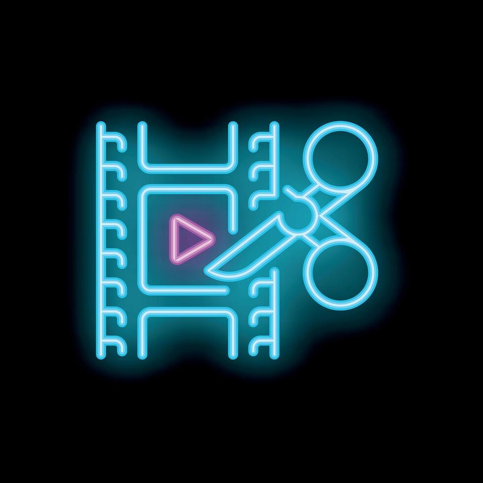 Neon icon of scissors cutting film strip for editing concept vector