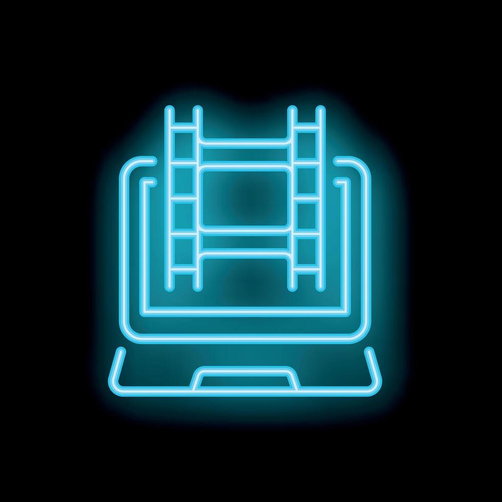 Neon laptop showing movie clapperboard filmmaking concept icon vector