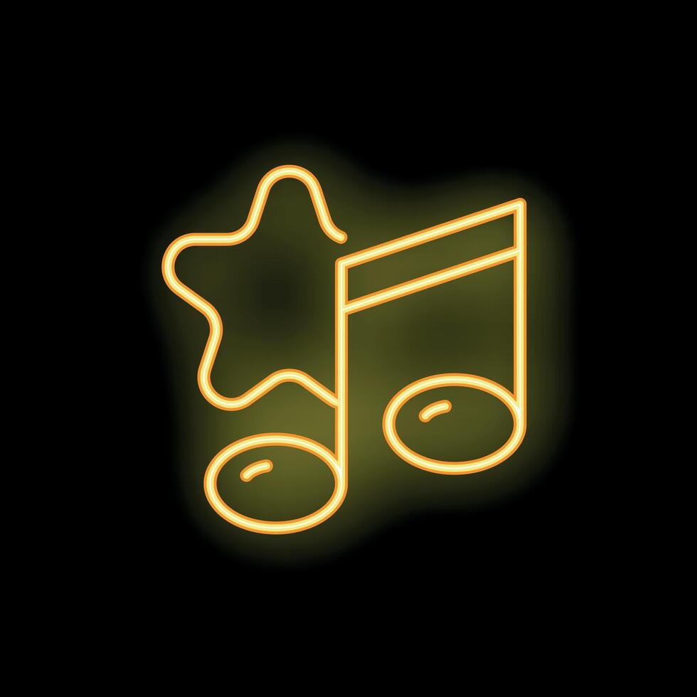 Neon yellow music note and star glowing on black background vector